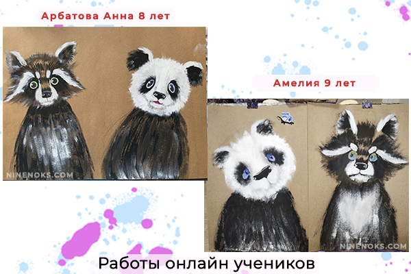 Работа учеников . Енот и Панда. 8+ ГУашь